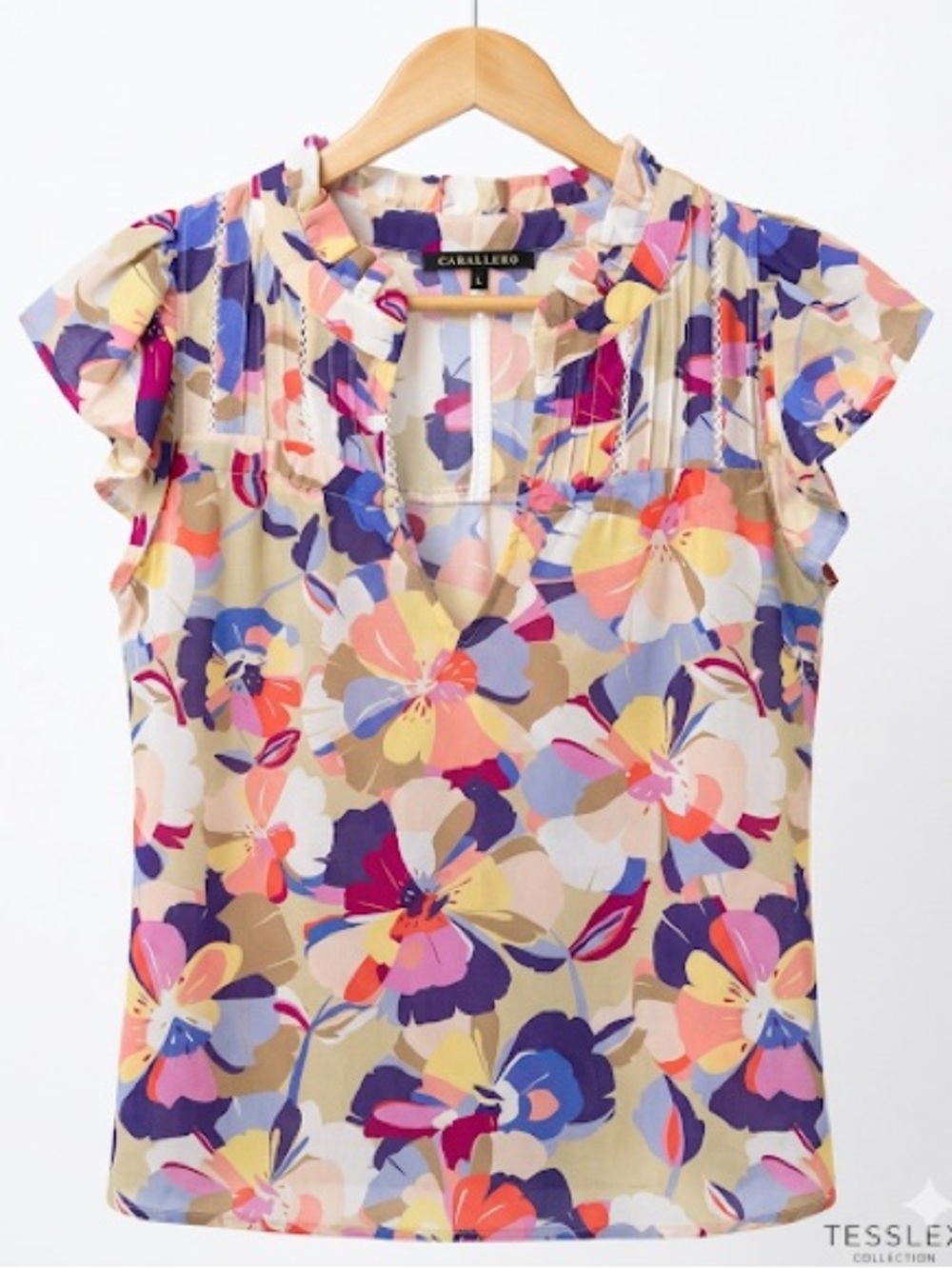 Caballero Petri Blouse Stamped Floral Flutter Sleeve  - Size L